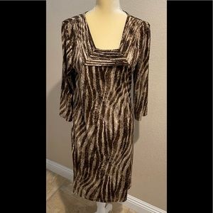 Dana Buchman Brown and Beige Animal Print Shift Dress with Tie